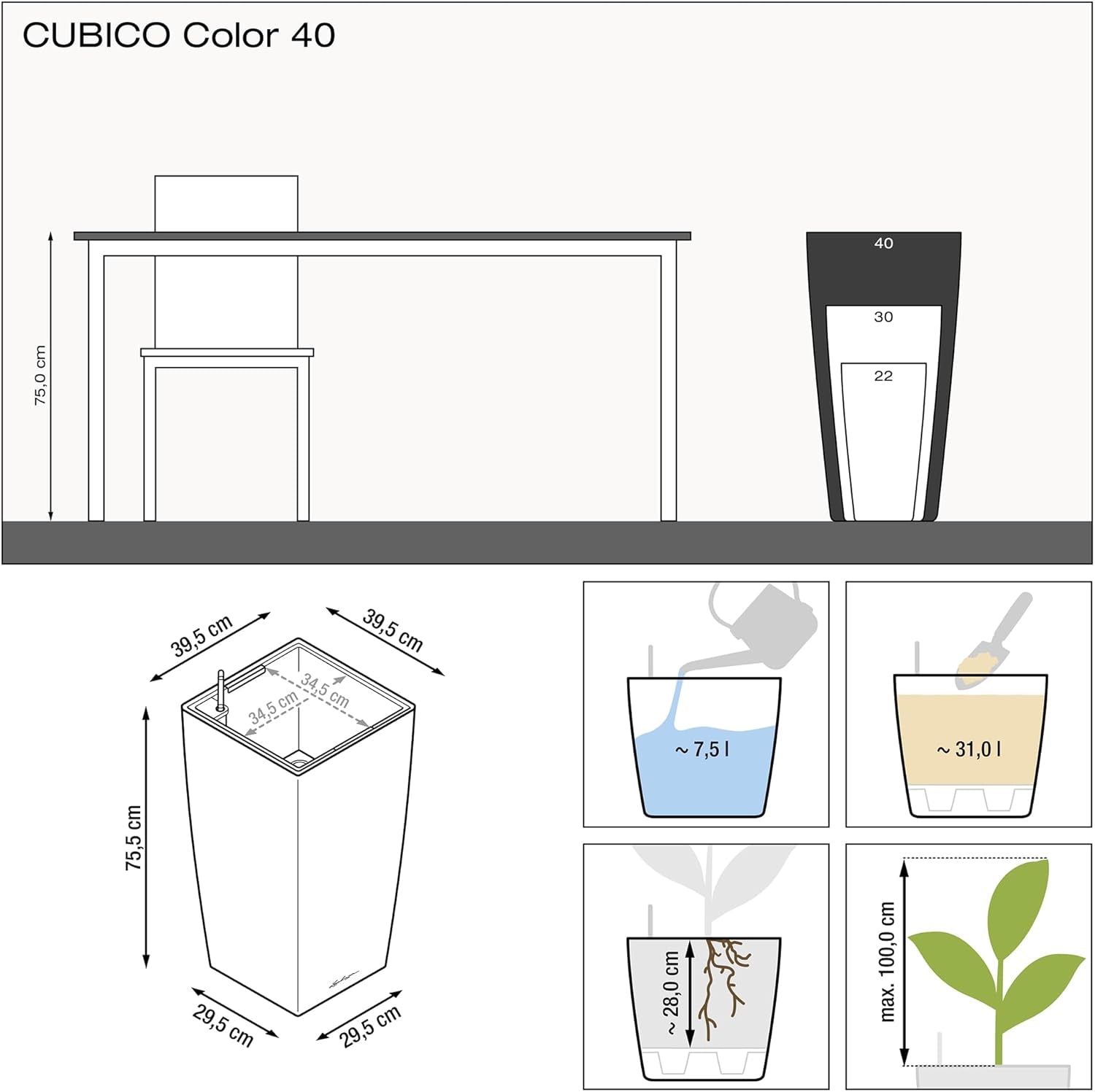 CUBICO Color 40 Slate, Self-Watering Tall Planter, H29.5 L15.7 W15.7 In
