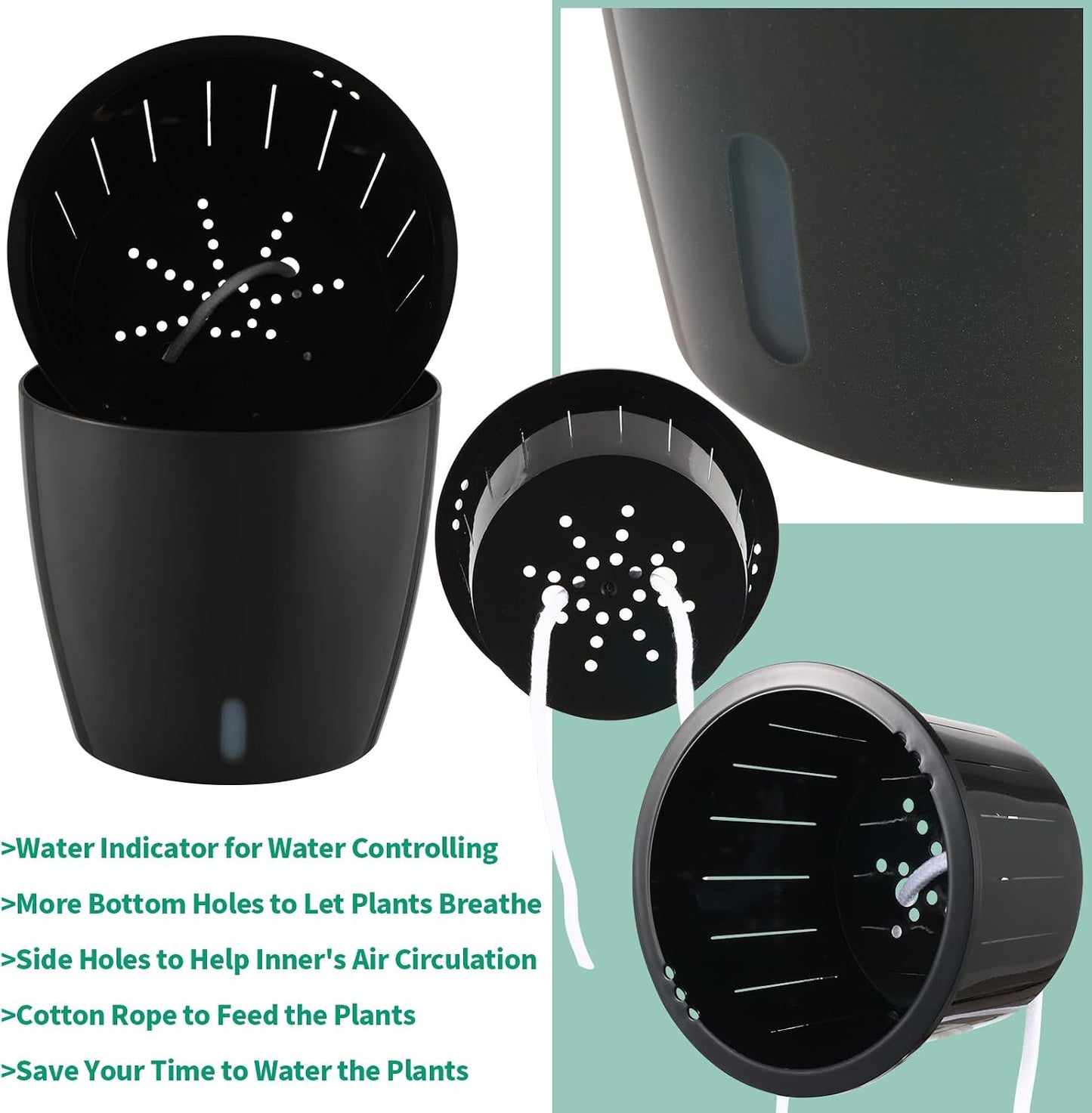 5 Inch Self Watering Pots for Indoor Plants, 6 Packs African Violet Pots with Indicator, Black Wick Pot with Drainage Holes, Self Watering Planters for Orchid, Devil'S Ivy, Black