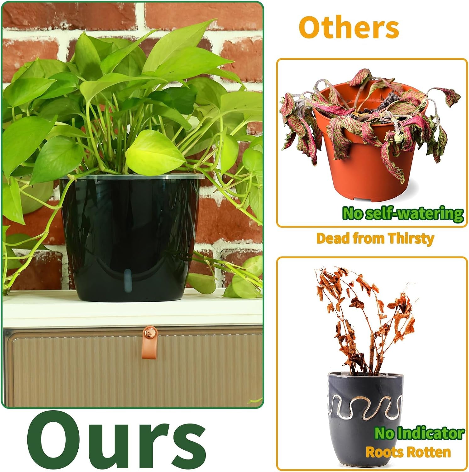 5 Inch Self Watering Pots for Indoor Plants, 6 Packs African Violet Pots with Indicator, Black Wick Pot with Drainage Holes, Self Watering Planters for Orchid, Devil'S Ivy, Black