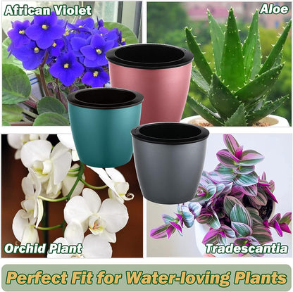 6.7 Inch Self Watering Pots for Indoor Plants, 3 Packs African Violet Pots, Black Wick Pot with Drainage Holes, Self Watering Planters for Orchid, Devil'S Ivy, Silver/Blue/Rose Gold