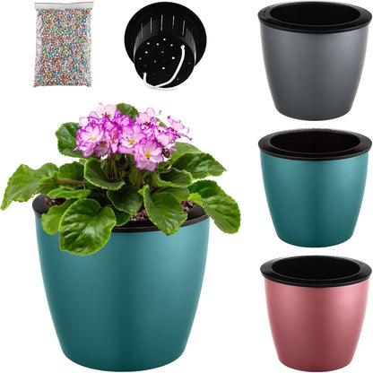 6.7 Inch Self Watering Pots for Indoor Plants, 3 Packs African Violet Pots, Black Wick Pot with Drainage Holes, Self Watering Planters for Orchid, Devil'S Ivy, Silver/Blue/Rose Gold