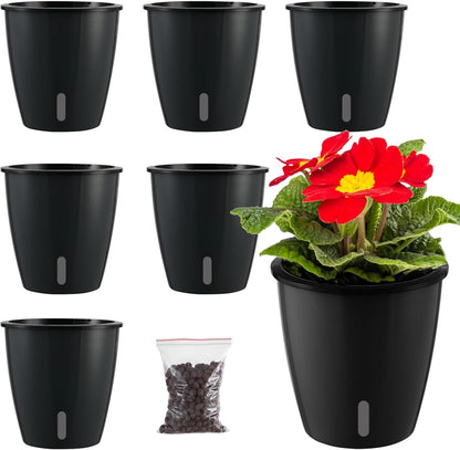5 Inch Self Watering Pots for Indoor Plants, 6 Packs African Violet Pots with Indicator, Black Wick Pot with Drainage Holes, Self Watering Planters for Orchid, Devil'S Ivy, Black