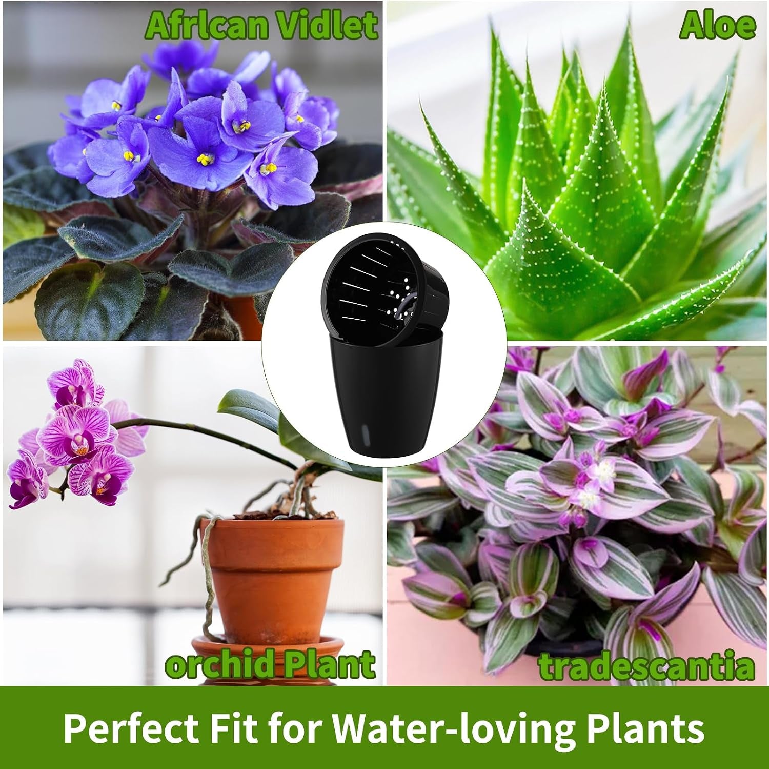 5 Inch Self Watering Pots for Indoor Plants, 6 Packs African Violet Pots with Indicator, Black Wick Pot with Drainage Holes, Self Watering Planters for Orchid, Devil'S Ivy, Black